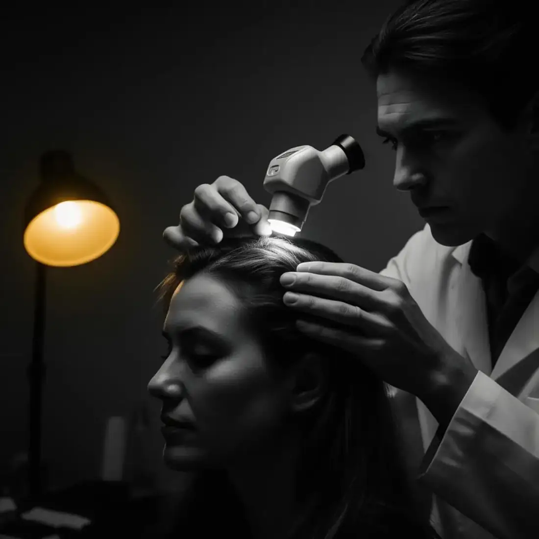 Clínico examinando paciente com dermatoscópio